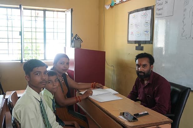 Students collaborating in a bright classroom